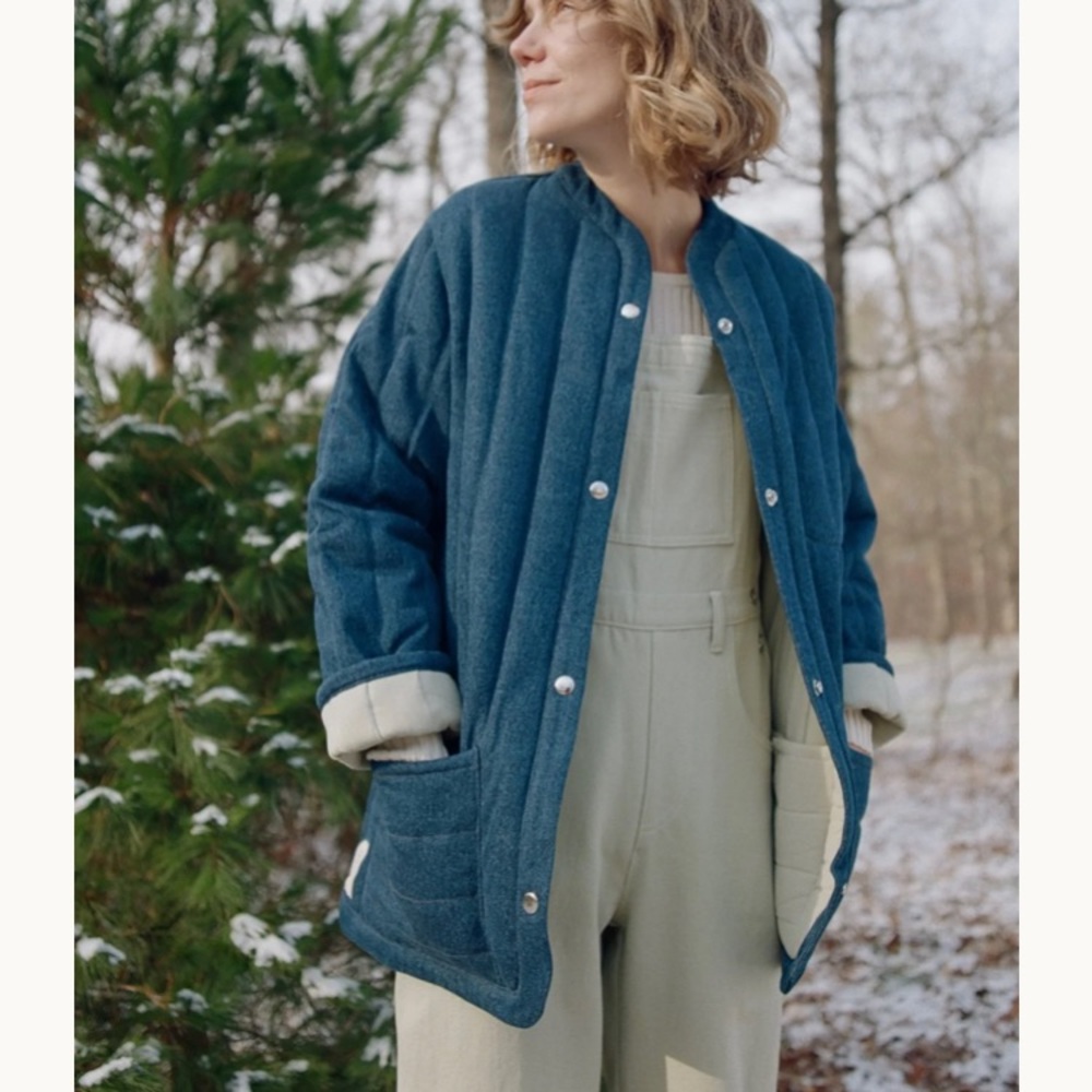 Kordal Studio Sawyer Quilted Jacket in color Denim /Eucalyptus.
